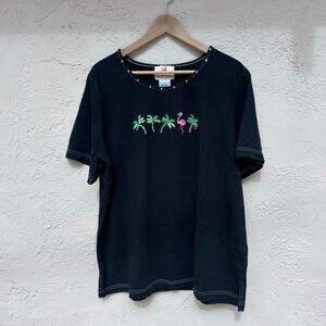Quacker Factory Palm Tree Flamingo Rhinestone Tee Black Size 1X